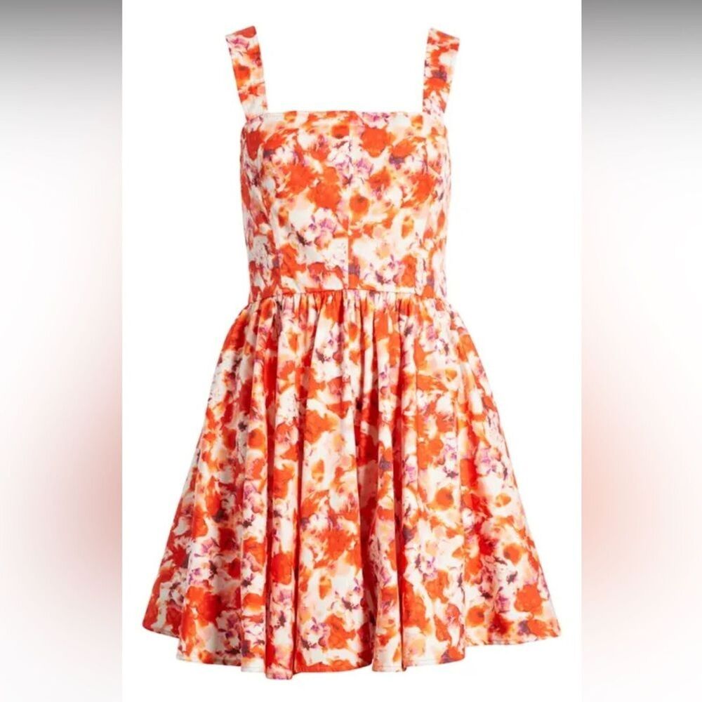CHELSEA28 Fit & Flare Cotton Minidress in Orange Blue Blushed Blooms Medium
